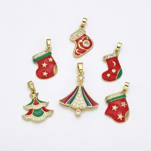 6pcs Christmas theme enamel pendants with gold plating and crystals for DIY jewelry making