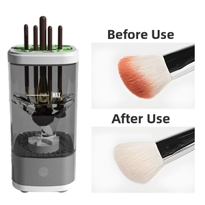 Detail of automatic makeup brush cleaner with water level and before-after brush comparison