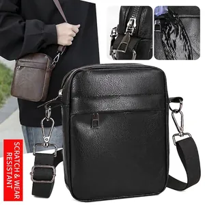 Men Crossbody Bag PU Leather With Litchi Pattern Water Resistant Minimalist Messenger Phone Bag For Outdoor Casual