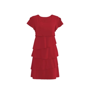 Women's summer tiered red midi dress featuring ruffle sleeves and a loose casual fit