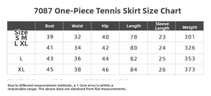 Size chart for tennis dress detailing bust, waist, hip and length in S to XL sizes