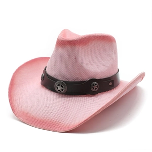 Rosafarbener handbemalter Western-Strohhut mit silbernem Stern-Lederband-Detail