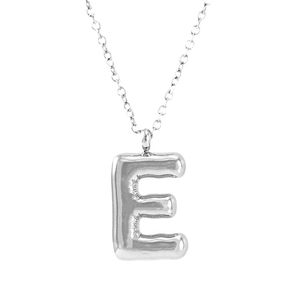 Balloon style silver stainless steel letter E pendant necklace on white background