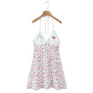 Women Halter Neck Mini Dress Floral Print Backless Scalloped Trim Embroidery Cherry A Line Sweet Summer Fashion