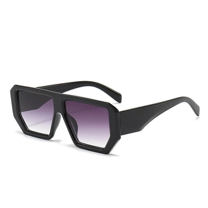 Oversized square sunglasses with black glossy frames and purple gradient lenses