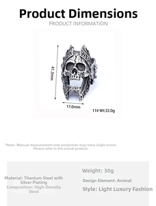 Detailed view of Gothic skull ring dimensions and high-density stainless steel material specs