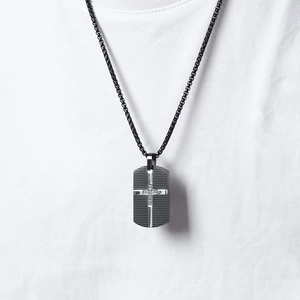Men's black stainless steel military tag necklace with silver CNC inlaid cross pendant