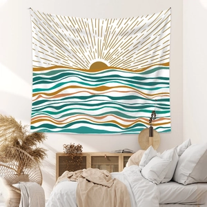 Bohemian sun and wave tapestry wall hanging in mustard and green for bedroom decor