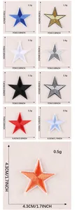 Size and weight specifications for star-shaped embroidered patches in multiple colors