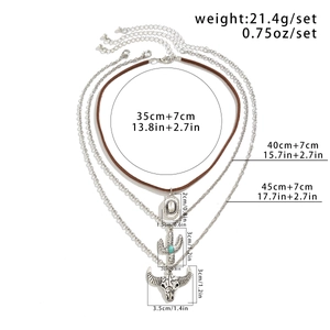 Three-piece bohemian necklace set specifications with cactus and bull skull pendant details