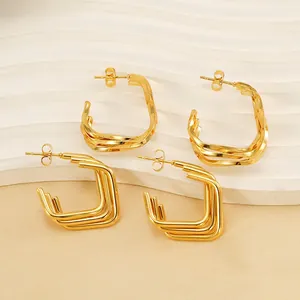 Boucles D'oreilles Créoles Géométriques Multicouches En Acier Inoxydable Plaqué Or 18K Torsadées Pour Femmes