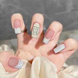 Press On Nails French Style With 3D Bear Heart Patterns Color Blocking Long Coffin False Nails For Women With Glue