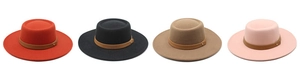 Flat top wool felt hats in four colors with brown leather band and metal rivet detail