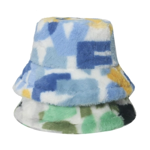 Fuzzy faux rabbit fur bucket hat with colorful geometric patchwork for winter warmth