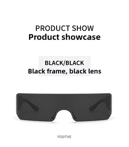 Front view of one-piece futuristic UV400 sports sunglasses with frameless black lenses
