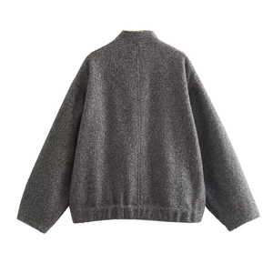 Back view of a dark grey high-neck bomber jacket with wool-like textured fabric