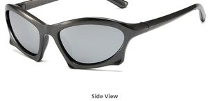 Side view of matte black Y2K futuristic steampunk sunglasses with angular frame