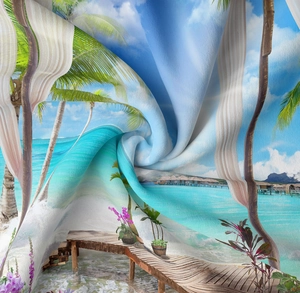 Detailed view of tropical beach landscape wall tapestry with vibrant palm trees and ocean