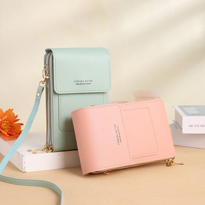 Petit sac de téléphone tactile avec sangle réglable en cuir PU vert menthe et rose clair