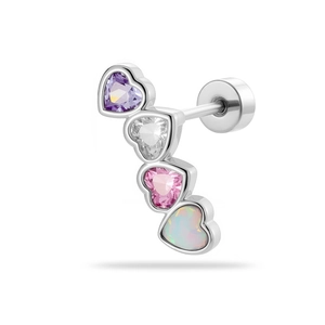 Titanium steel heart stud earring with purple, pink and white zircon stones