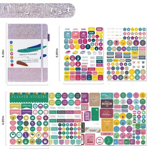 Detail view of purple glitter weekly planner set including six sheets of colorful stickers