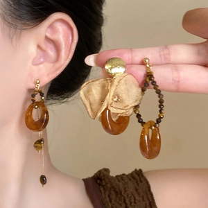 Asymmetric Flower Resin Tiger Eye Stone Earrings With 925 Sterling Silver Earring Post Maillard Retro Style Women