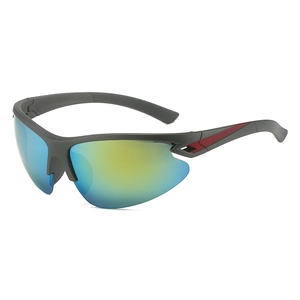 Detail of grey matte sports sunglasses with blue-green gradient lens and red temple accents