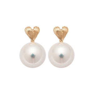 Elegant textured gold heart stud earrings with round white pearl drop for women