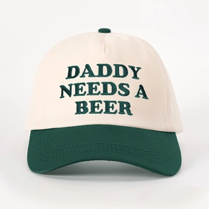 Two-tone baseball cap in beige and green featuring Daddy Needs A Beer embroidery