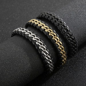 Three men's woven leather bracelets with silver, gold, and black stainless steel chains