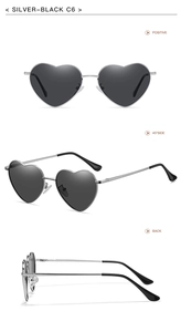 Three-way view of heart-shaped sunglasses C6 with silver frames and black lenses