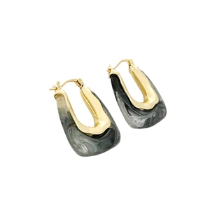 Modern U-shaped gold metal earrings with dark grey marble texture resin details