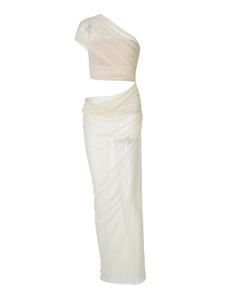 Detail of cream mesh maxi dress featuring asymmetrical shoulder and side cutout waist