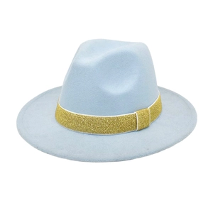 Detail of light blue wool fedora hat featuring a striking gold glitter ribbon trim