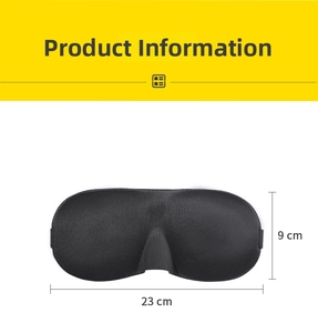 Close-up of 3D ergonomic sleep mask showing 23x9cm dimensions and contoured nose bridge