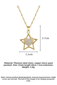 Detail of star and heart pendant featuring sparkling zircons and titanium steel chain
