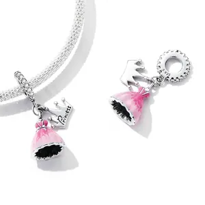Pink princess dress and silver crown charm with Princess engraving for DIY bracelets