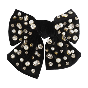 Fiocco per capelli in velluto nero con perle bianche e strass brillanti di lusso