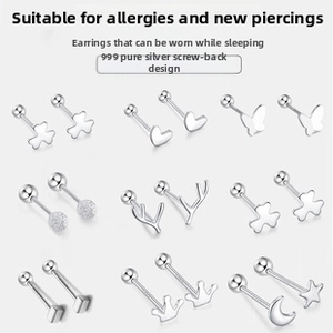 Macro view of nine S999 sterling silver stud earring styles with secure screw backs