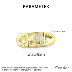Macro view of golden stainless steel cuban chain clasp with pavé zircon stones