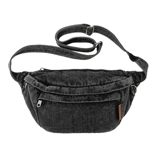 Washed denim crossbody chest bag in faded black with adjustable strap and vintage texture