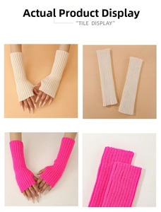Detailed ribbed knit texture on long fingerless neon pink and beige arm warmers