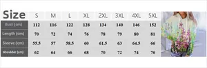 Size chart table for retro printed oversized long sleeve hoodie from sizes S up to 5XL