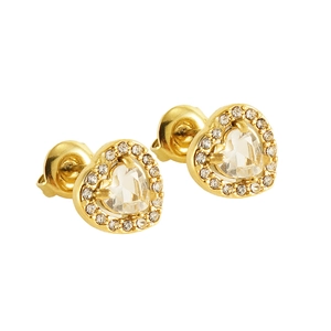Elegant gold double-layered heart stud earrings with sparkling crystal pavé stones