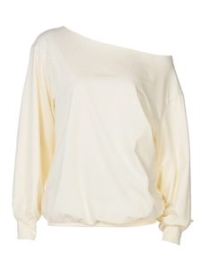 Women's off-shoulder long sleeve beige knit top with asymmetrical neck and ribbed cuffs