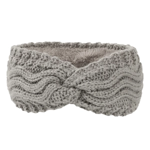 Detailed view of gray knit headband with warm fleece lining and twisted knot design