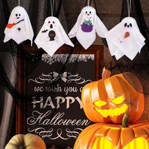 Set of four white fabric ghosts with RIP tombstone and cauldron for Halloween decor