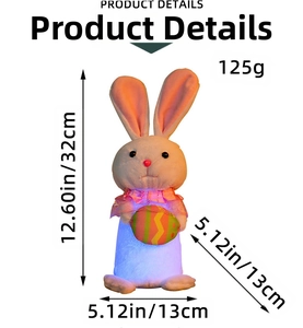 Glow Easter bunny plush ornament with colored egg holding details and 32cm height specs