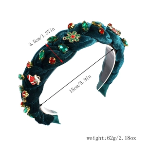 Detail of green velvet braided Christmas headband with festive rhinestone charms and size specs