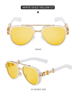 Close-up of retro aviator sunglasses with white gold frame and yellow lenses C7 model